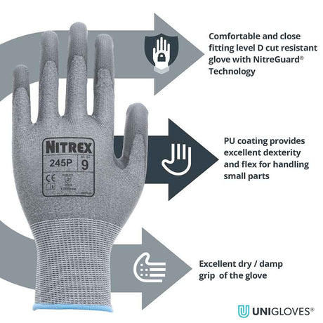 Nitrex 245P Cut Resistant Gloves Level D HPPE PU Palm Coated