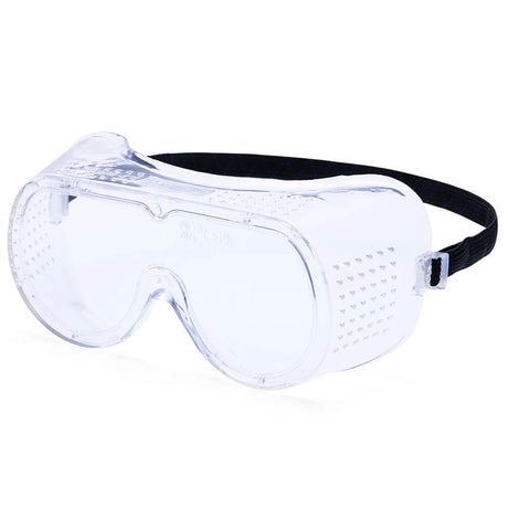 Clear safety goggles with a black strap on a white background