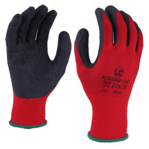Black Rubber Palm Coated Grip on Red Nylon Liner Work Gloves